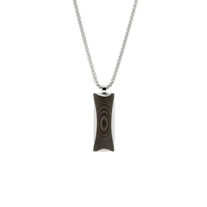 An elegant silver chain necklace showcasing the Hypnos men's carbon fibre pendant, which features a rectangular shape with textured detailing and concentric oval patterns against a dark finish. Displayed against a white background.