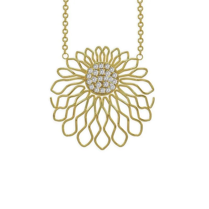 Introducing the Lia 9kt Gold Pendant and Chain: this exquisite pendant showcases lattice petals with a diamond-encrusted center, elegantly suspended on an 18-inch chain. Presented in a luxurious jewelry box, it is the perfect gift or keepsake.