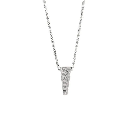 This silver chain necklace showcases a Spartan men's stainless steel pendant with a tapered, rectangular design and textured pattern, radiating strength and style. The matching chain complements the bold pendant, offering a unified look ideal for any occasion.