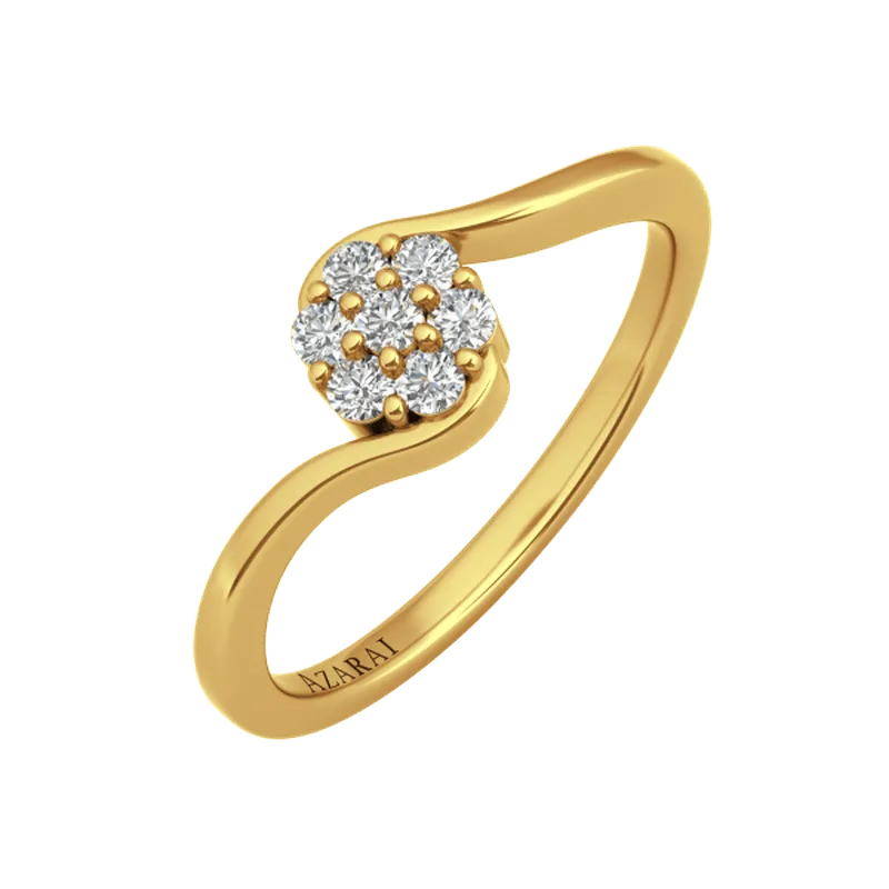 The Fleur 9kt gold engagement ring is a stunning piece featuring a distinctive twist design, embellished with a cluster of small diamonds beautifully arranged in a circular pattern.