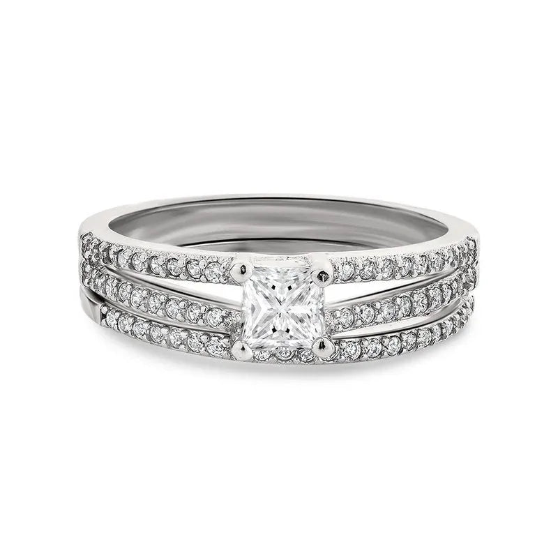 Introducing the Dawn sterling silver bridal set ON CLEARANCE, showcasing an elegant silver ring with a square-cut central diamond and three beautifully adorned bands featuring smaller diamonds, all expertly crafted in exquisite sterling silver.