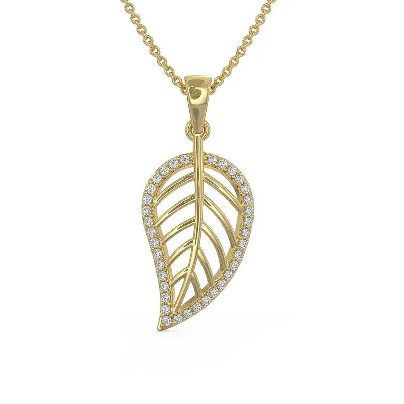 Folium 9kt gold pendant and chain showcases a stunning gold leaf design with crystals delicately set along the edge, accompanied by an adjustable chain for added versatility.