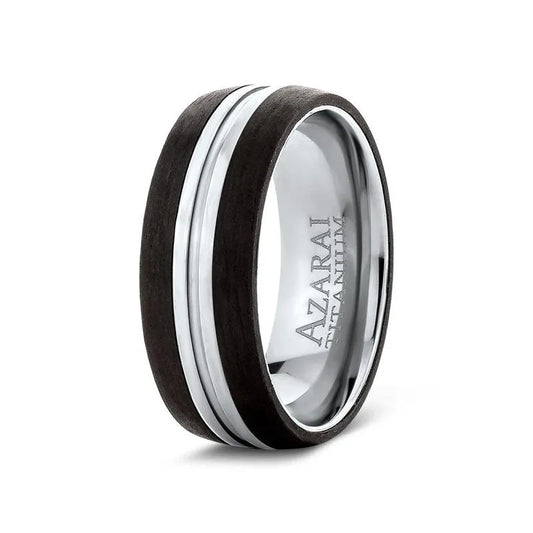 Ebne carbon fibre wedding band featuring a dark wood inlay and polished silver band, engraved with "AZARAI TITANIUM" inside. A unique fusion of style and strength, perfect for lasting memories.