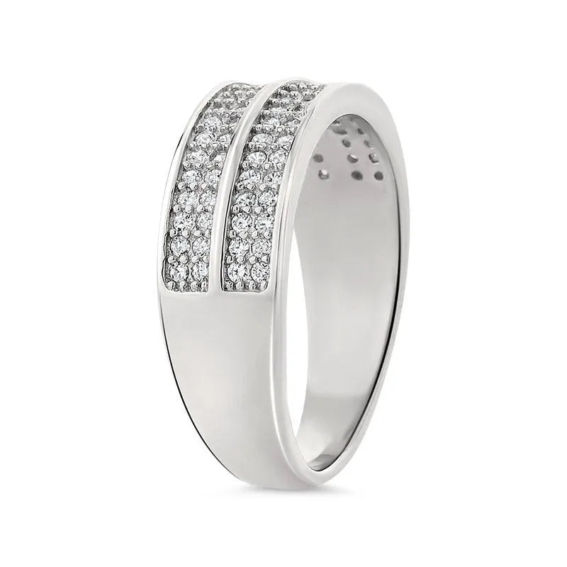 The Imani sterling silver wedding band, featuring two rows of small embedded round diamonds, adds a touch of elegance. It's the perfect choice for celebrating your special day.