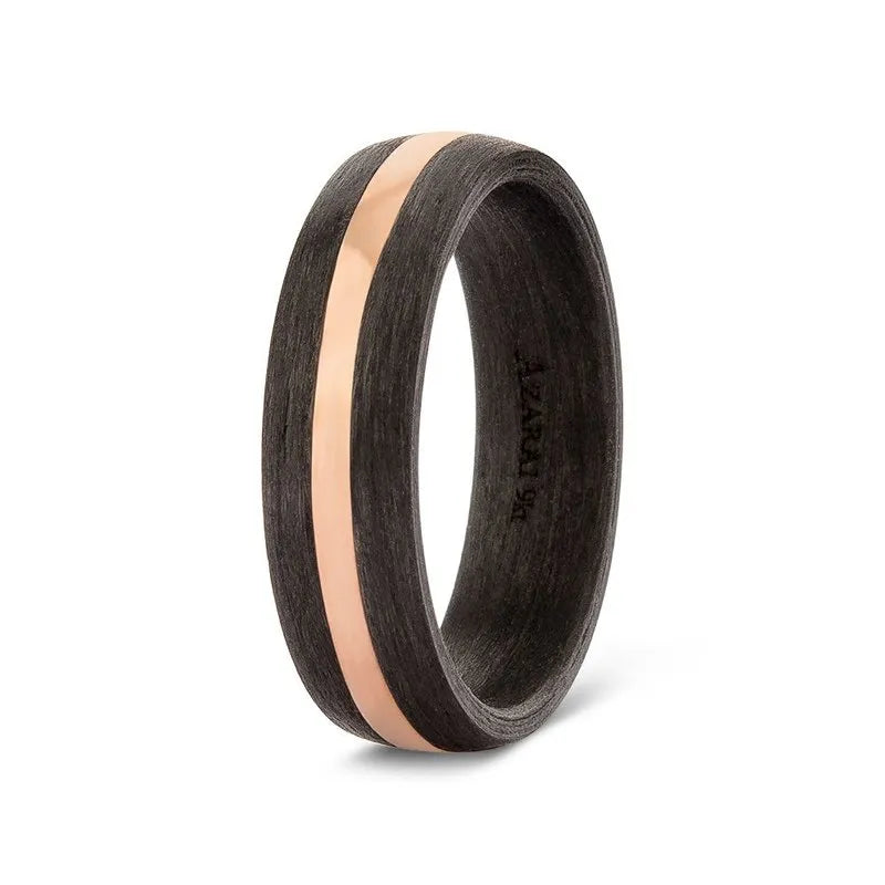 Perseus wedding band, featuring a matte black finish accented by a central shiny copper stripe and subtle carbon fibre details.