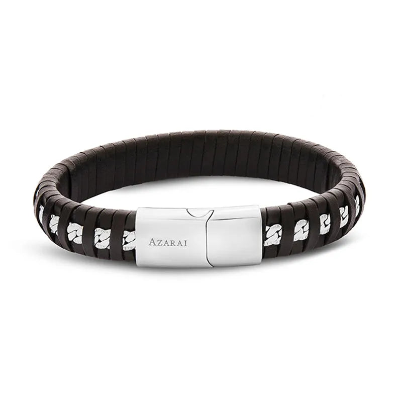 The Domo leather bracelet for men, featuring a silver clasp engraved with the word "AZARAI," exudes elegance and sophistication. Ideal for any occasion, it is presented in exquisite gift packaging and available for nationwide delivery.