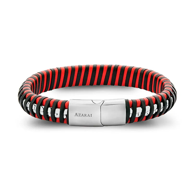 The Domo leather bracelet for men, featuring black and red stripes with a silver clasp, is engraved with the word "AZARAI" to offer stylish sophistication. Ideal for any occasion, it is presented in elegant gift packaging with nationwide delivery available.