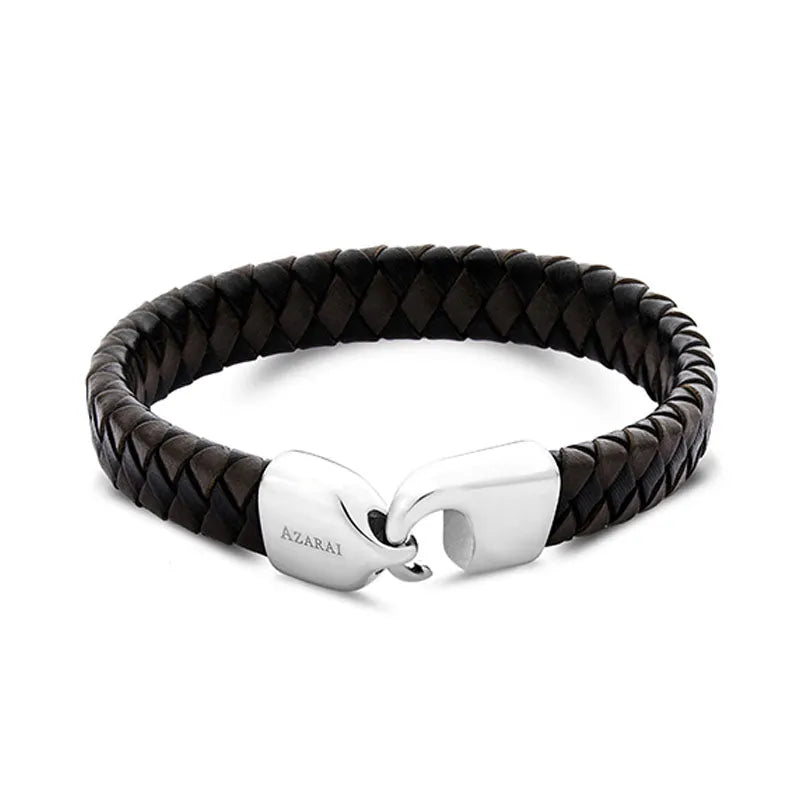 The Lynk leather bracelet for men features a braided black leather design with a silver clasp engraved with "AZARAI." It is available for nationwide delivery and comes in elegant gift packaging.