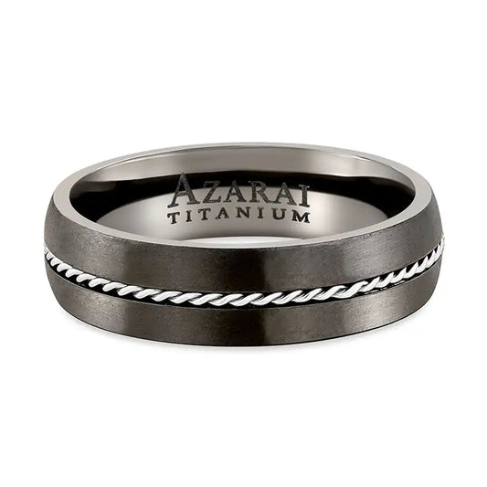 A Marlowe black titanium wedding band with a rope design.