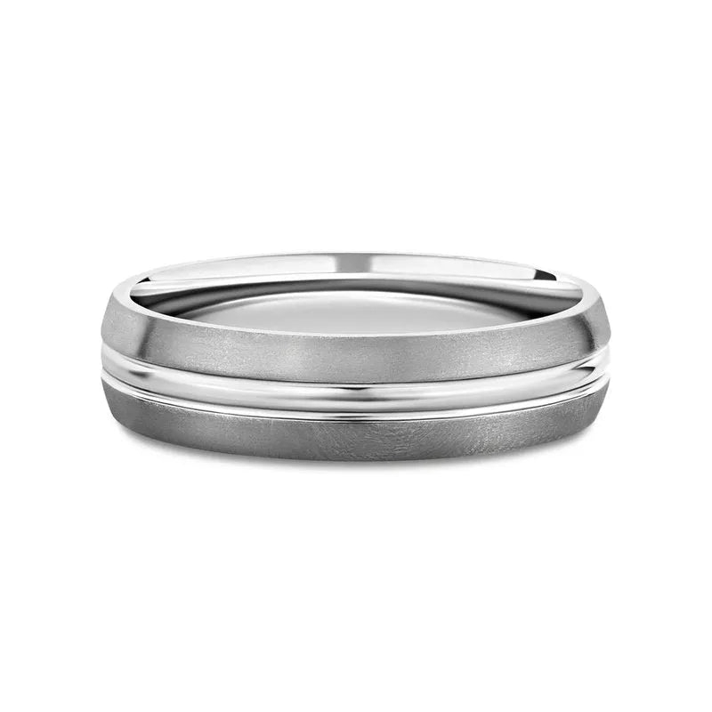 The Camden titanium wedding band boasts a matte finish and a smooth, shiny center band, making it an ideal choice for a men's wedding ring.