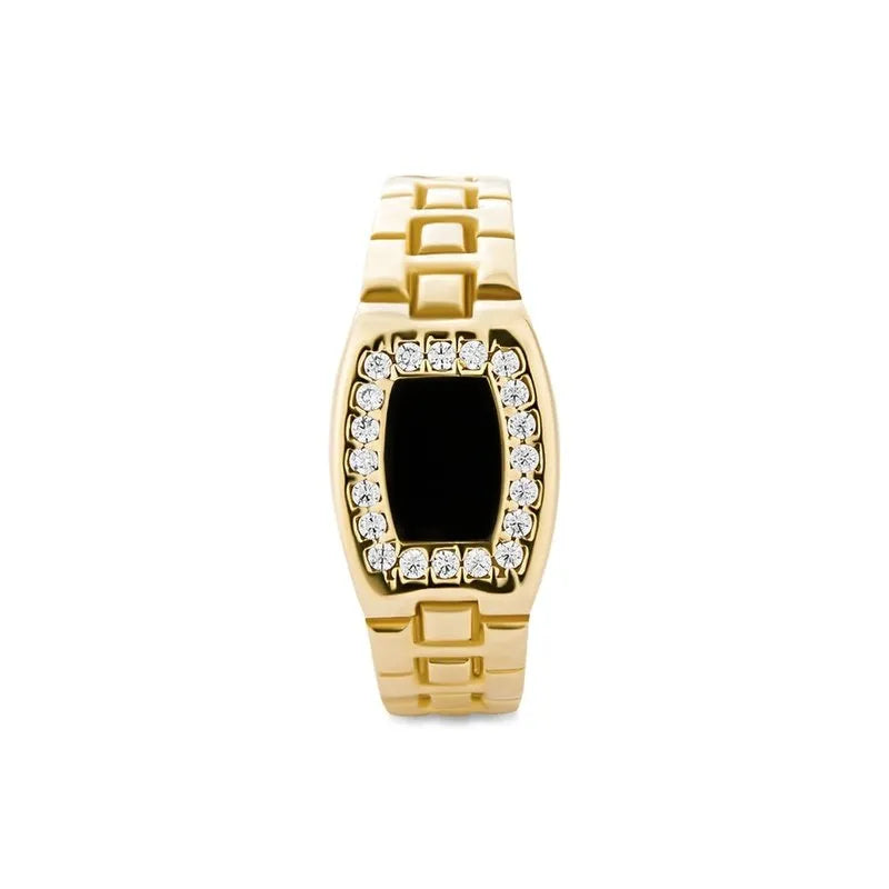 A gold watch featuring a black face, adorned with diamonds and linked bracelet, pairs perfectly with the sophistication of the Sacha 9kt gold men's signet ring.