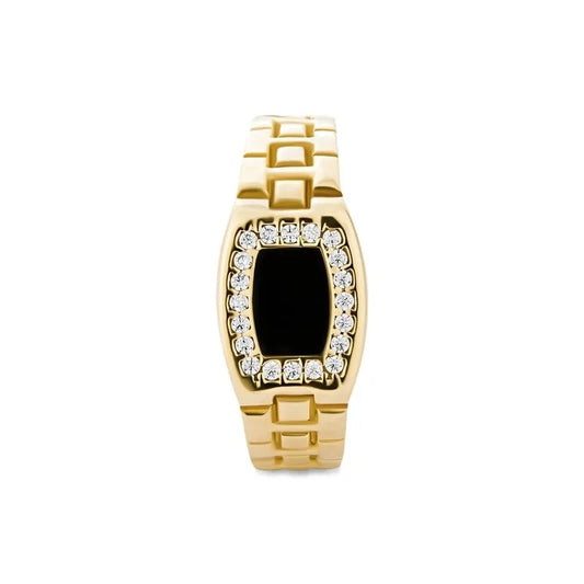 A gold watch featuring a black face, adorned with diamonds and linked bracelet, pairs perfectly with the sophistication of the Sacha 9kt gold men's signet ring.