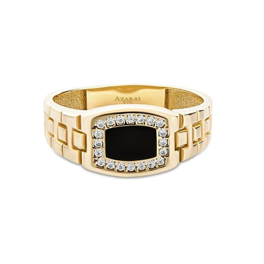 Explore the breathtaking Sacha 9kt gold men's signet ring, showcasing a mesmerizing black onyx center gracefully surrounded by a border of sparkling small diamonds.