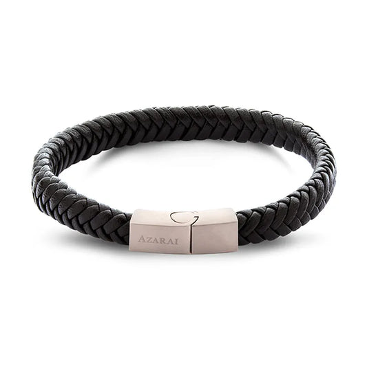 Introducing the Sabre leather bracelet for men, featuring a black braided leather design with a silver clasp engraved with "AZARAI." It is available for nationwide delivery and comes in elegant gift packaging.