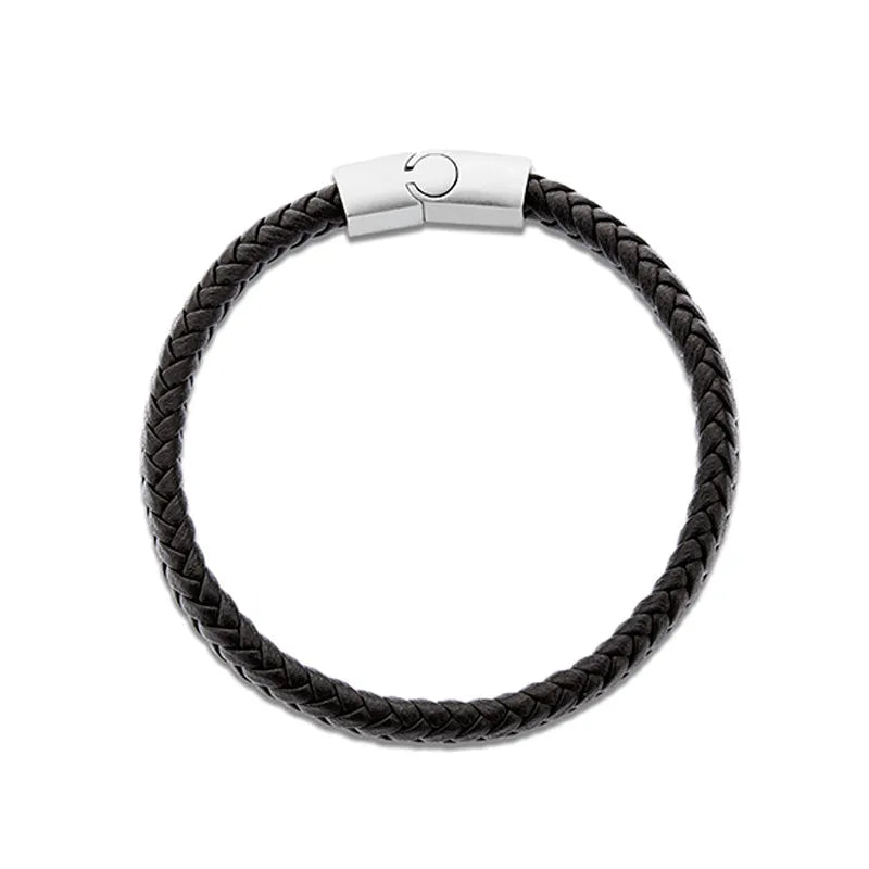 Introducing the Sabre leather bracelet for men, featuring a black braided design with a silver clasp, now available with elegant gift packaging.