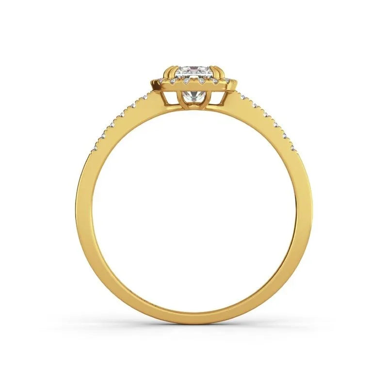 The Adeline 9kt gold engagement ring features a dazzling round diamond in a prong setting, complemented by delicate small diamonds along the band.