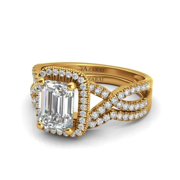 The Arabella 9kt gold bridal set includes a stunning engagement ring featuring a large emerald-cut diamond surrounded by smaller diamonds, with a twisted band design encrusted with additional diamonds, all crafted in exquisite 9kt gold.