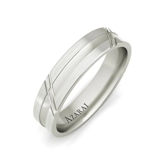 The Arlington sterling silver wedding band showcases a modern design with engraved parallel lines. The inside of the band is inscribed with the word "AZARAI," making it an ideal choice for a men's wedding ring.