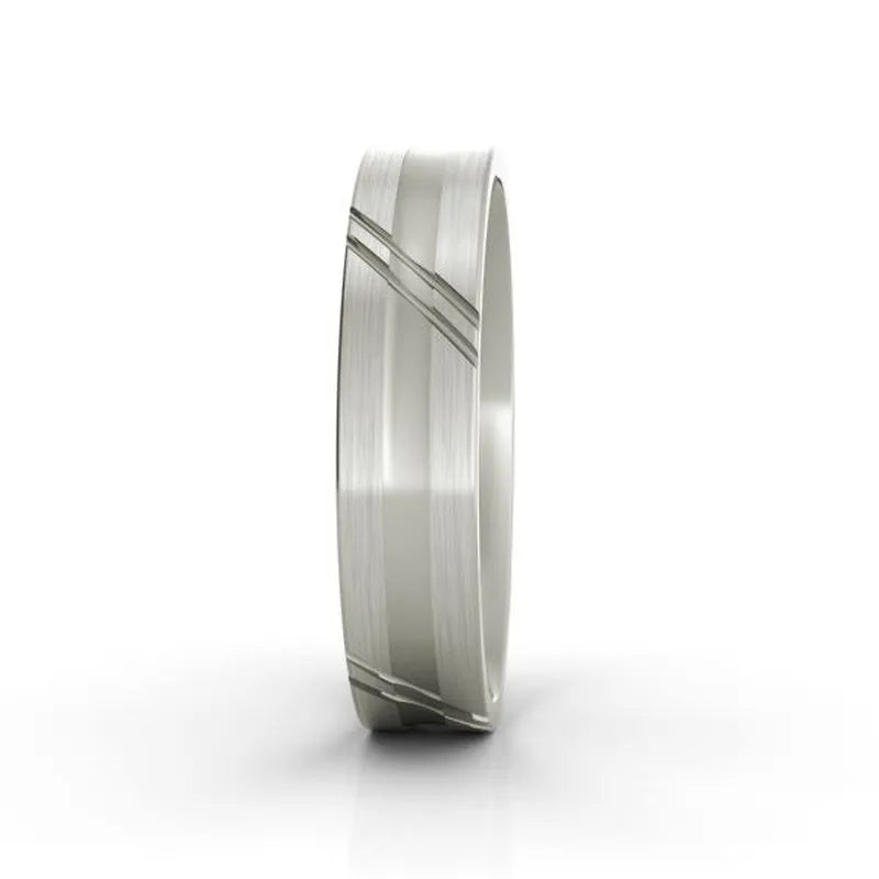 The Arlington sterling silver wedding band features a brushed finish and two diagonal grooves, displayed upright on a reflective white surface. This men's ring embodies timeless elegance.