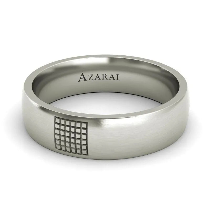 The Aspen sterling silver wedding band is a men's ring showcasing a grid pattern on one side, with "Azarai" beautifully engraved on the inside, perfect for anyone who admires the natural charm of Aspen.