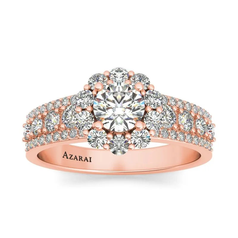 The Auburn 9kt gold engagement ring is a stunning piece featuring a central round diamond, elegantly framed by a floral pattern of smaller diamonds on the band.