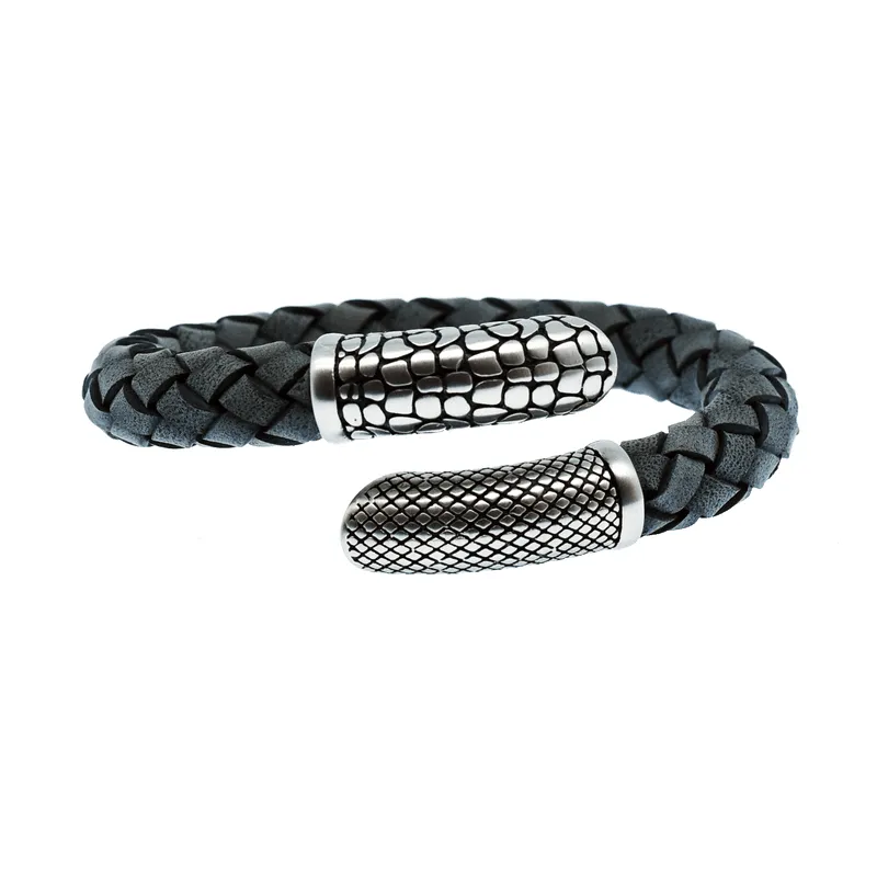 The Kinetiq men's cuff is crafted from braided black Italian leather and features textured stainless steel ends, making it a perfect accessory.