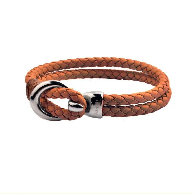 Beck leather and stainless steel men's bracelet featuring a brown braided design with a polished hook clasp.