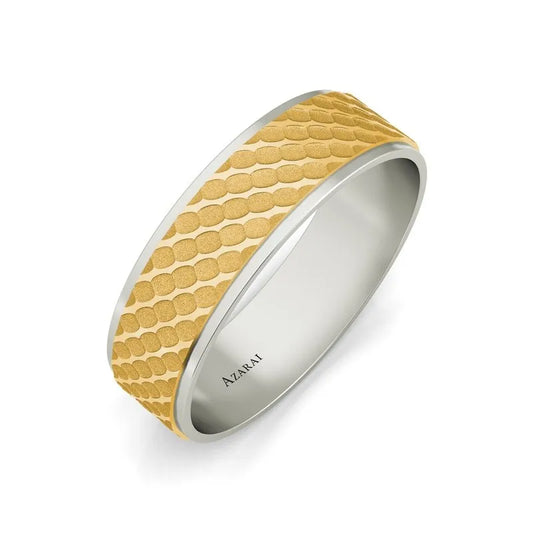 Introducing the Berkeley 18kt gold wedding band: a silver men's ring featuring a textured 18kt gold pattern encircling the exterior, with "AZARAI" elegantly inscribed on the inside.