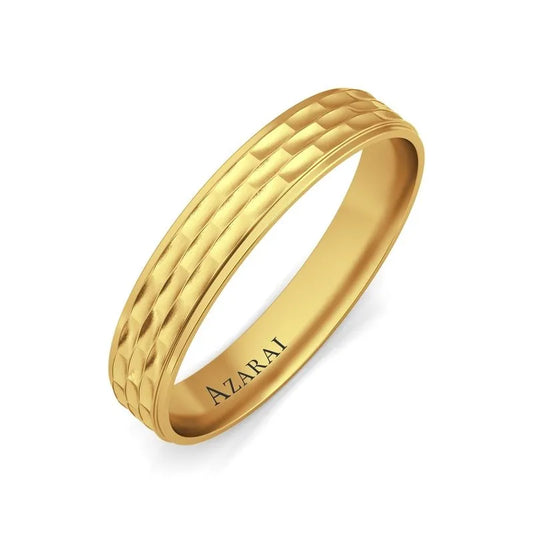 Brunswick 9kt gold wedding band for men, showcasing a textured pattern with "AZARAI" engraved inside, ideal for those seeking timeless elegance.