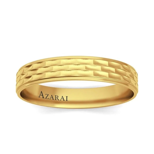 The Brunswick 9kt gold wedding band for men features a textured pattern and is engraved with "AZARAI" inside, making it an ideal choice for those seeking timeless elegance in Brunswick and beyond.