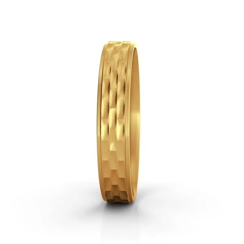 Brunswick 9kt gold wedding band for men, showcasing a textured, faceted design on a white background.