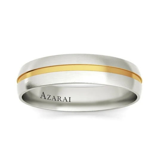 The Burke 18kt gold wedding band gracefully blends silver and 18kt gold in a sophisticated two-tone design, featuring "AZARAI" engraved on the interior.