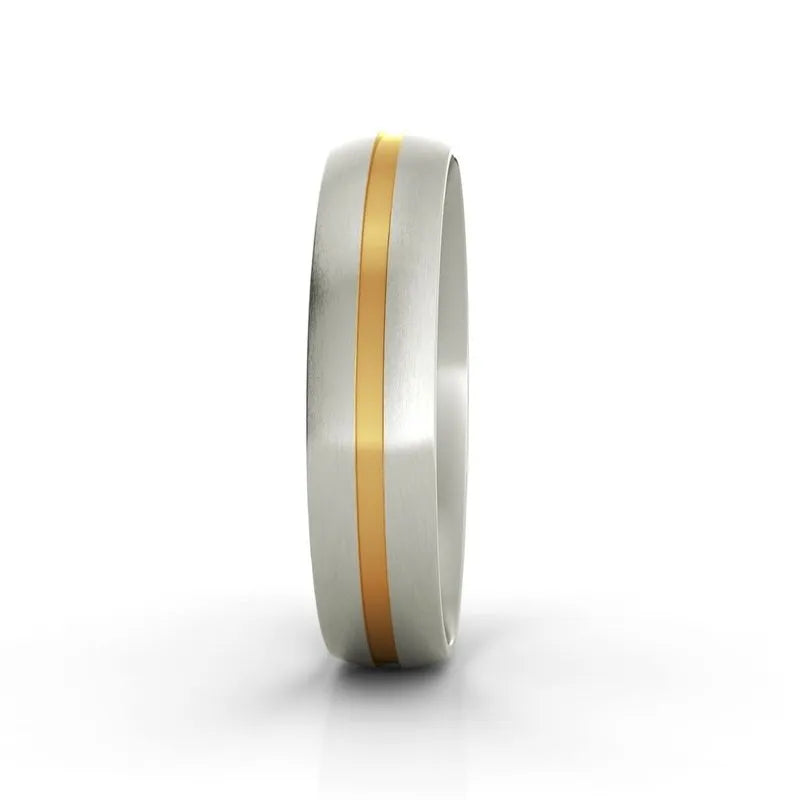 Burke 18kt gold wedding band showcasing a silver band with a central 18kt gold stripe, elegantly set against a white background.