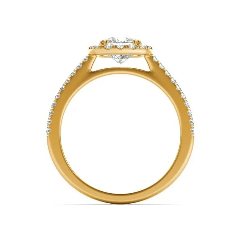 The Celeste 14kt gold engagement ring showcases a prominent central diamond, gracefully complemented by smaller diamonds along the band, with an elegant side view display.