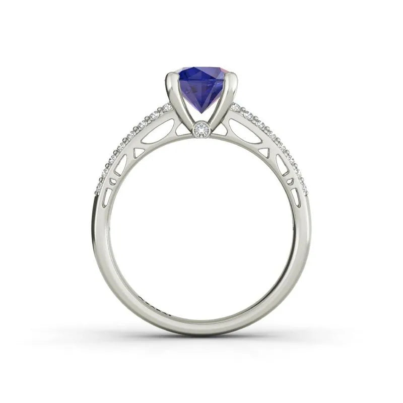 Introducing the Dakota sterling silver engagement ring, now on clearance. This exquisite piece features a purple gemstone centerpiece surrounded by small clear stones along the band. Designed for the modern bride, it includes a decorative cut-out design on the sides with a hidden diamond for an extra touch of elegance.