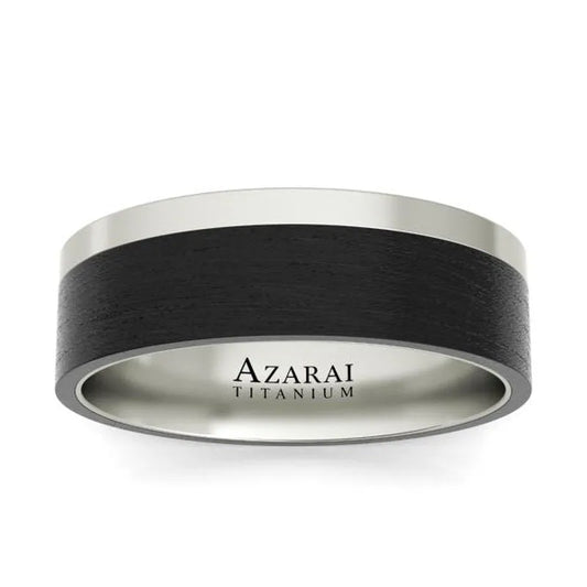 Introducing the Downing carbon fibre wedding band, a titanium ring featuring a sleek black exterior and sophisticated carbon fibre accents, with "Azarai Titanium" elegantly inscribed inside. Perfect for a men's wedding band.