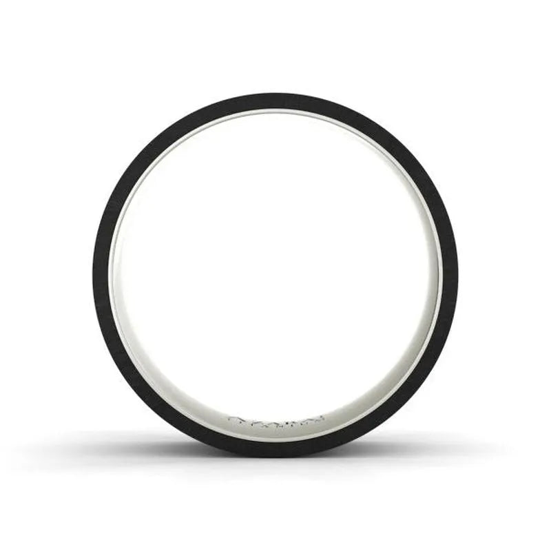 The Downing carbon fibre wedding band, featuring a sleek black exterior and a white inner circle, is showcased against a plain white background, seamlessly blending modern style with tradition.