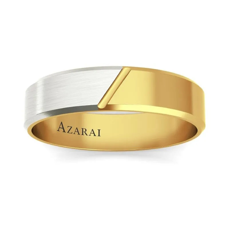 The Eclipse 18kt gold wedding band is a premium men's wedding band crafted in dual-tone gold and silver, featuring an interior engraving of the brand name "Azarai.