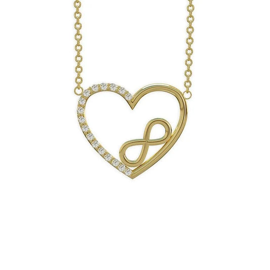 The Corazon 9kt gold pendant and chain showcases a refined heart-shaped charm intricately adorned with small diamonds, featuring an elegant infinity symbol at its core. Its adjustable chain ensures a perfect fit, making it an ideal jewelry gift for any occasion.