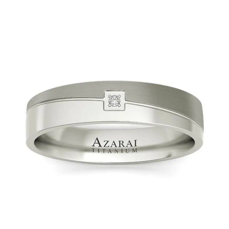 Eli titanium wedding band for men, featuring a small square diamond accent with "Azarai Titanium" elegantly inscribed inside.