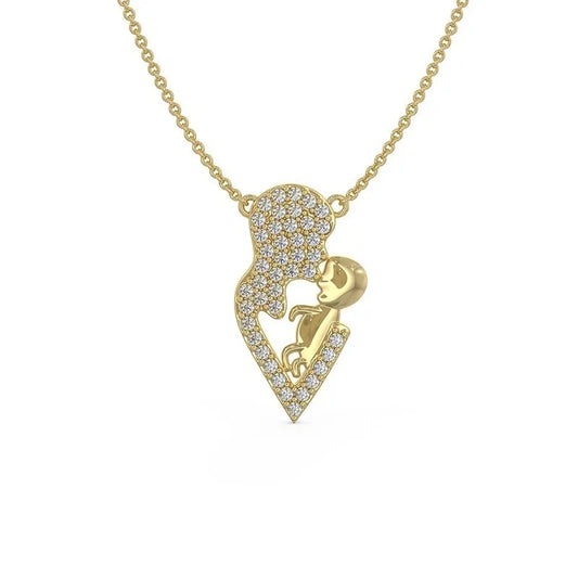 The Jolie 9kt gold pendant and chain features a beautifully crafted mother and baby design adorned with small diamonds, elegantly hanging on a delicate chain, making it the perfect jewelry gift.