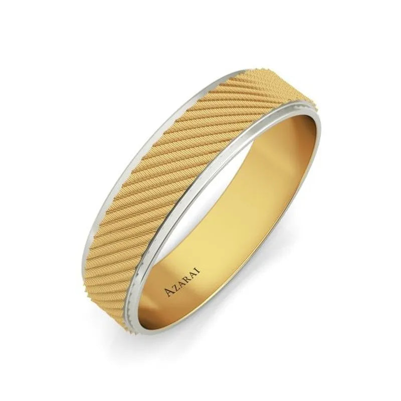 Introducing the Holt 9kt gold wedding band in a textured gold and silver-tone design, featuring the "Azarai" engraving inside. Available now on clearance.