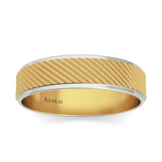 Presenting the Holt 9kt gold wedding band, a men's ring featuring a textured pattern in silver and "AZARAI" engraved on the interior. This exquisite piece offers elegance for those seeking style, available now as part of our final sale clearance for an incredible value.