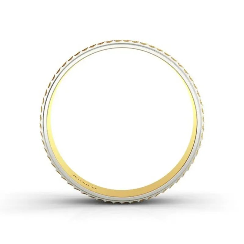 Introducing the Holt 9kt gold wedding band, a distinctive gold and silver circular metal ring with a serrated edge, set against a white background. It's an ideal choice for those in search of a unique men's wedding band. Act fast—this item is part of our final sale clearance event.