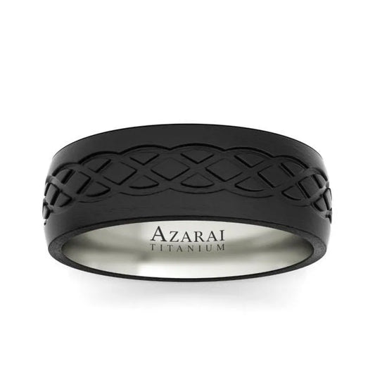 The Huntley carbon fibre wedding band, now on clearance, is a men's ring crafted from black titanium and adorned with an engraved geometric pattern and the word "Azarai" on the inner band, combining elegance with durability.