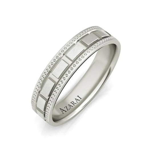 Introducing the Langston sterling silver wedding band, a timeless piece characterized by an engraved geometric pattern and the "AZARAI" inscription on its interior, perfect for the elegant man.