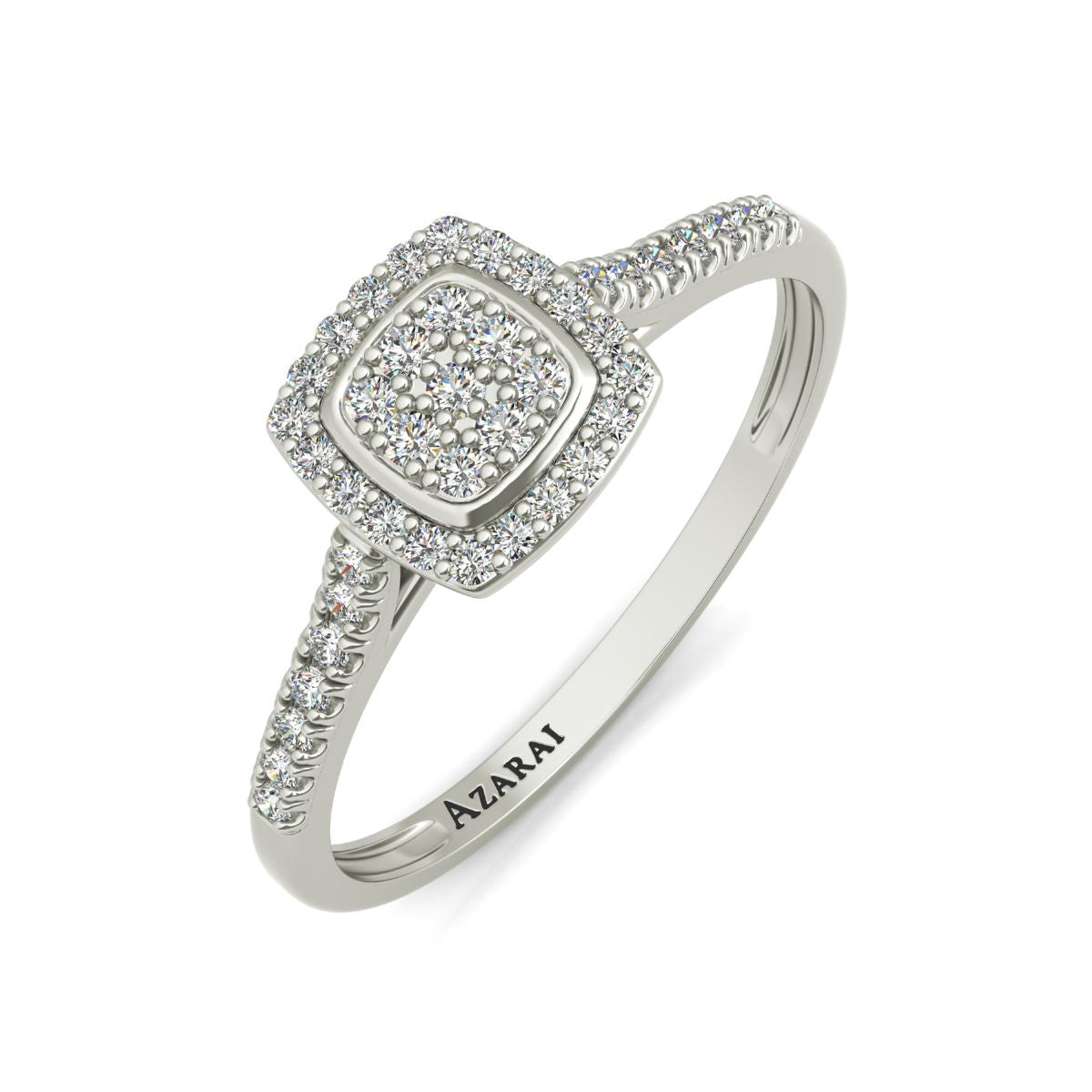 The Laurel 18kt gold engagement ring features a captivating square-shaped cluster of small diamonds, additional diamonds adorning the band, and "AZARAI" elegantly engraved inside. This stunning piece boasts a design that rivals even the most exquisite diamond engagement rings.