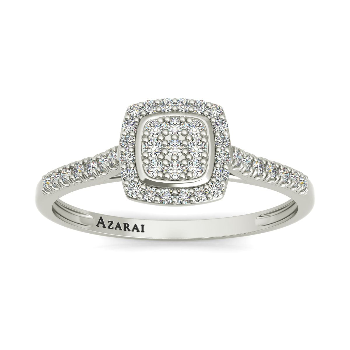 Introducing the Laurel 18kt gold engagement ring: a masterpiece of elegance. Crafted in luxurious silver, it features a square-shaped diamond setting adorned with multiple small diamonds. The band, sparkling with additional smaller diamonds and inscribed with "AZARAI," radiates sophistication. This ring is the perfect embodiment of beauty and craftsmanship for your special moment.