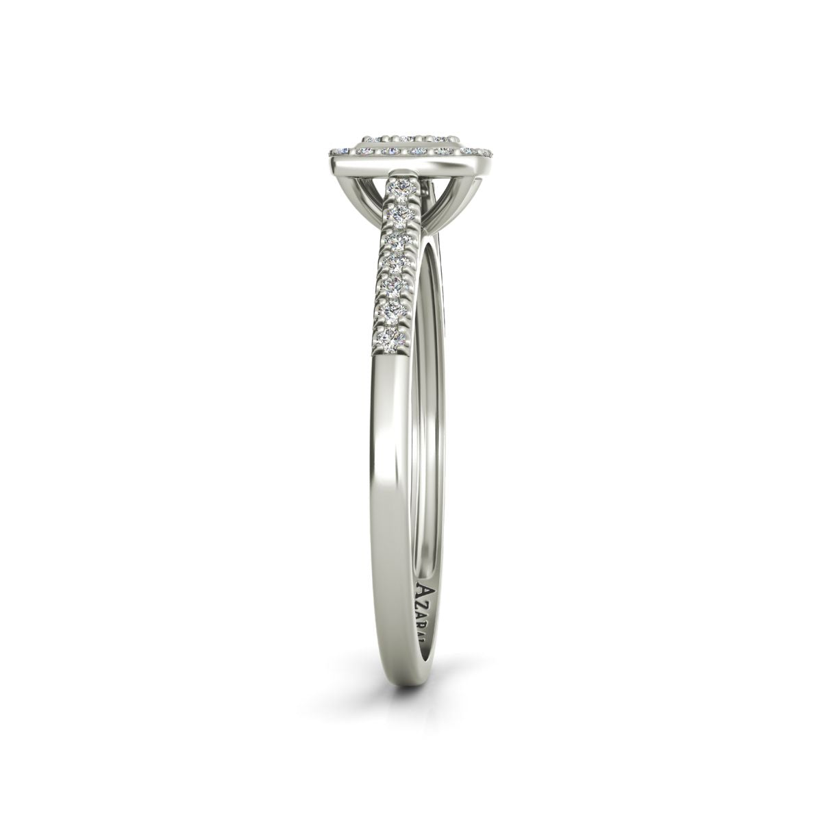 A side view of the stunning Laurel 18kt gold engagement ring, showcasing a narrow band adorned with small white stones.