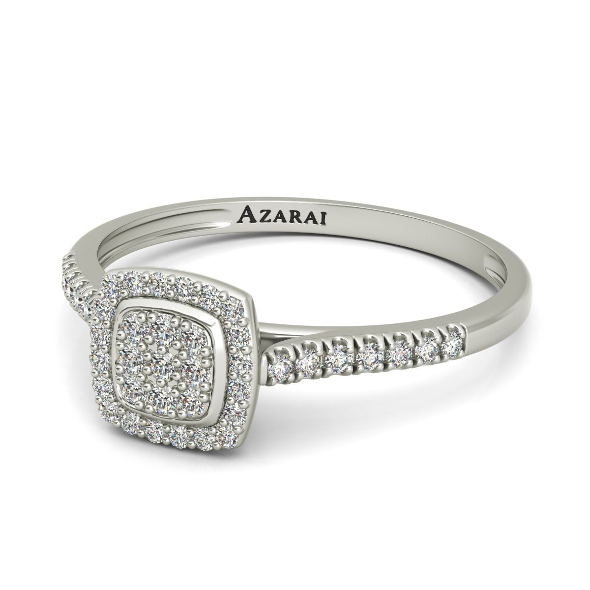 The Laurel 18kt gold engagement ring is a stunning piece featuring a square diamond-encrusted center, smaller diamonds along the band, and is engraved with "Azarai.